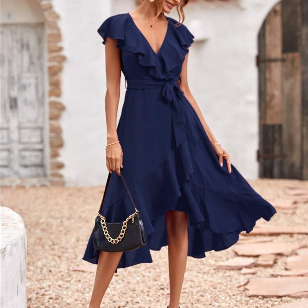Solid Ruffle Hem Trim Belted Faux Wrap Dress New - Picture 2 of 10